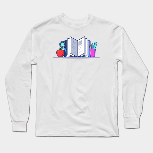 Book With Stationery, Apple And Magnifying Glass Long Sleeve T-Shirt by Catalyst Labs